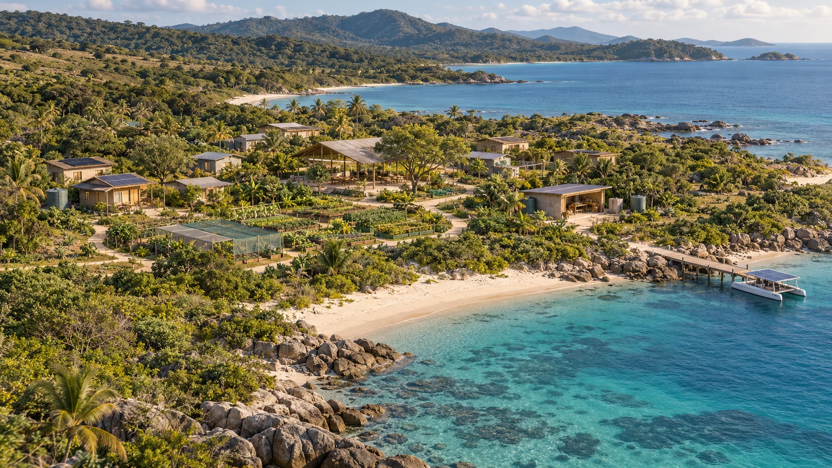 Imagined tropical community with modest solar-roof homes, shared pavilion, gardens and a sheltered boat landing